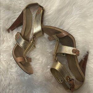 Nine West Gold and Tan Heeled Sandals